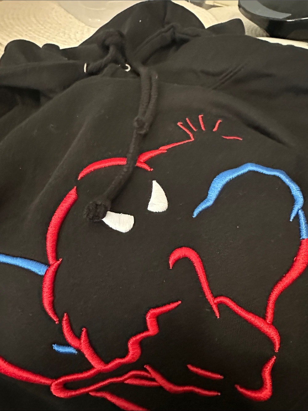 Black Hoodie with Red & Blue Embroidered Spiderman Art